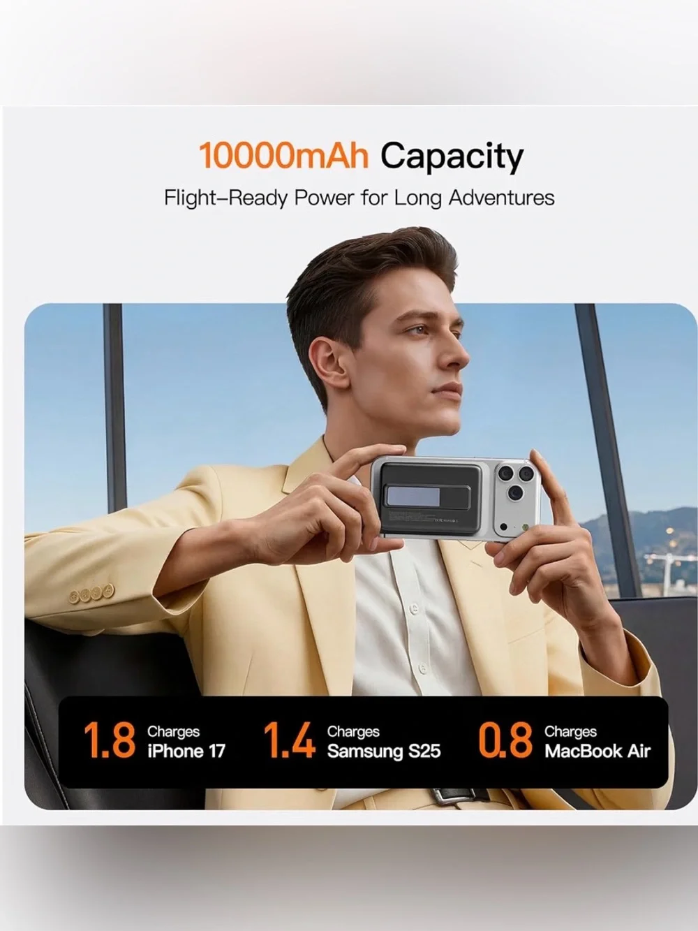 10000mAh Ultra Slim Magnetic Power Bank, Built-in USB-C & iPhone Cable